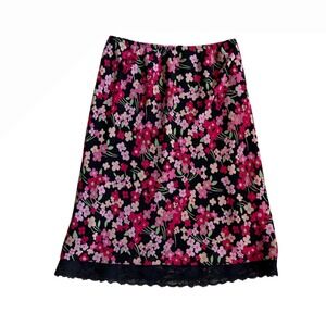 Vtg 90s floral pink black midi‎ skirt fairy office lace trim fairy baddie S